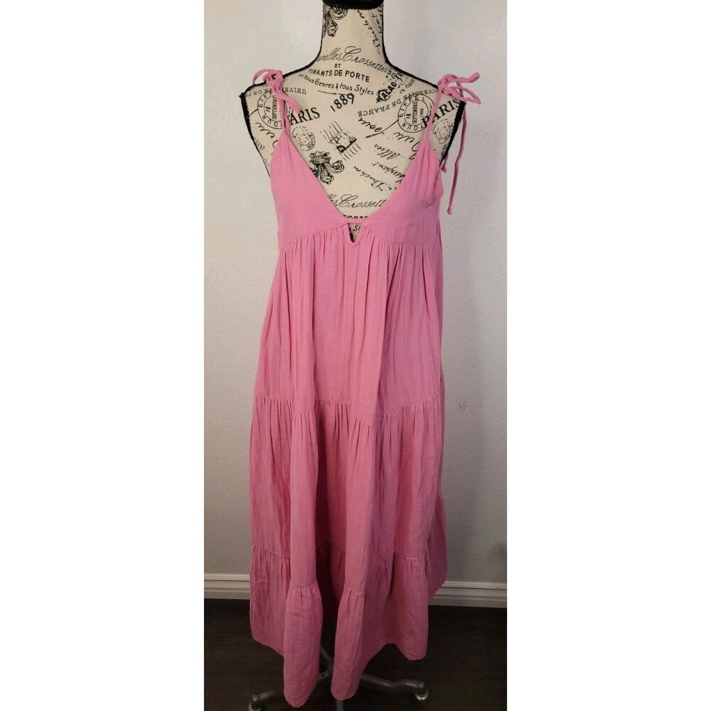 Zara Maxi Dress SZ XS Tiered Cotton Gauze Tie Strap Pink Euro Summer Bohemian - Picture 2 of 11